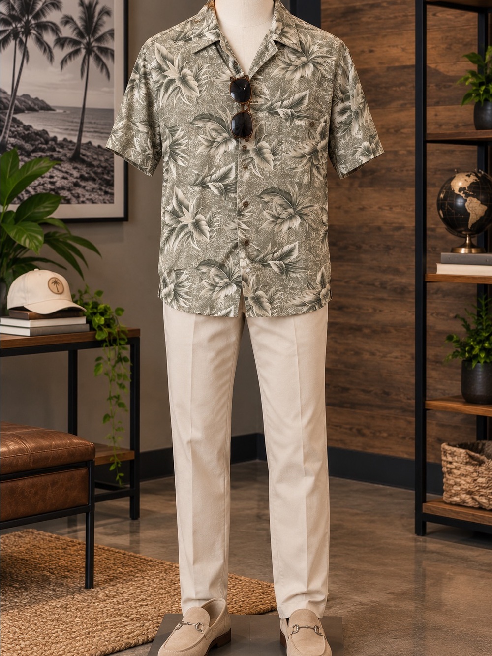 Men's Olive Green Tropical Print Short Sleeve Button-Down Shirt
